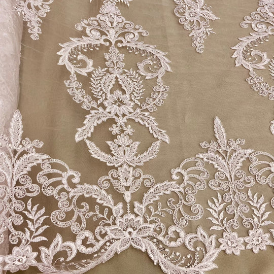 Beaded & Corded Bridal Lace Fabric Embroidered on 100% Polyester Net Mesh | Lace USA - GD-55518-Ivory