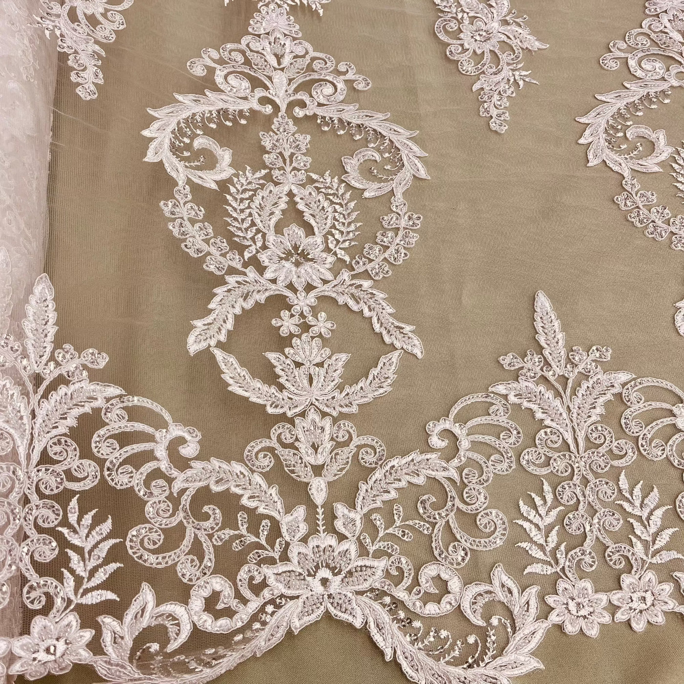 Beaded & Corded Bridal Lace Fabric Embroidered on 100% Polyester Net Mesh | Lace USA - GD-55518-Ivory