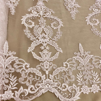 Beaded & Corded Bridal Lace Fabric Embroidered on 100% Polyester Net Mesh | Lace USA - GD-55518-Ivory