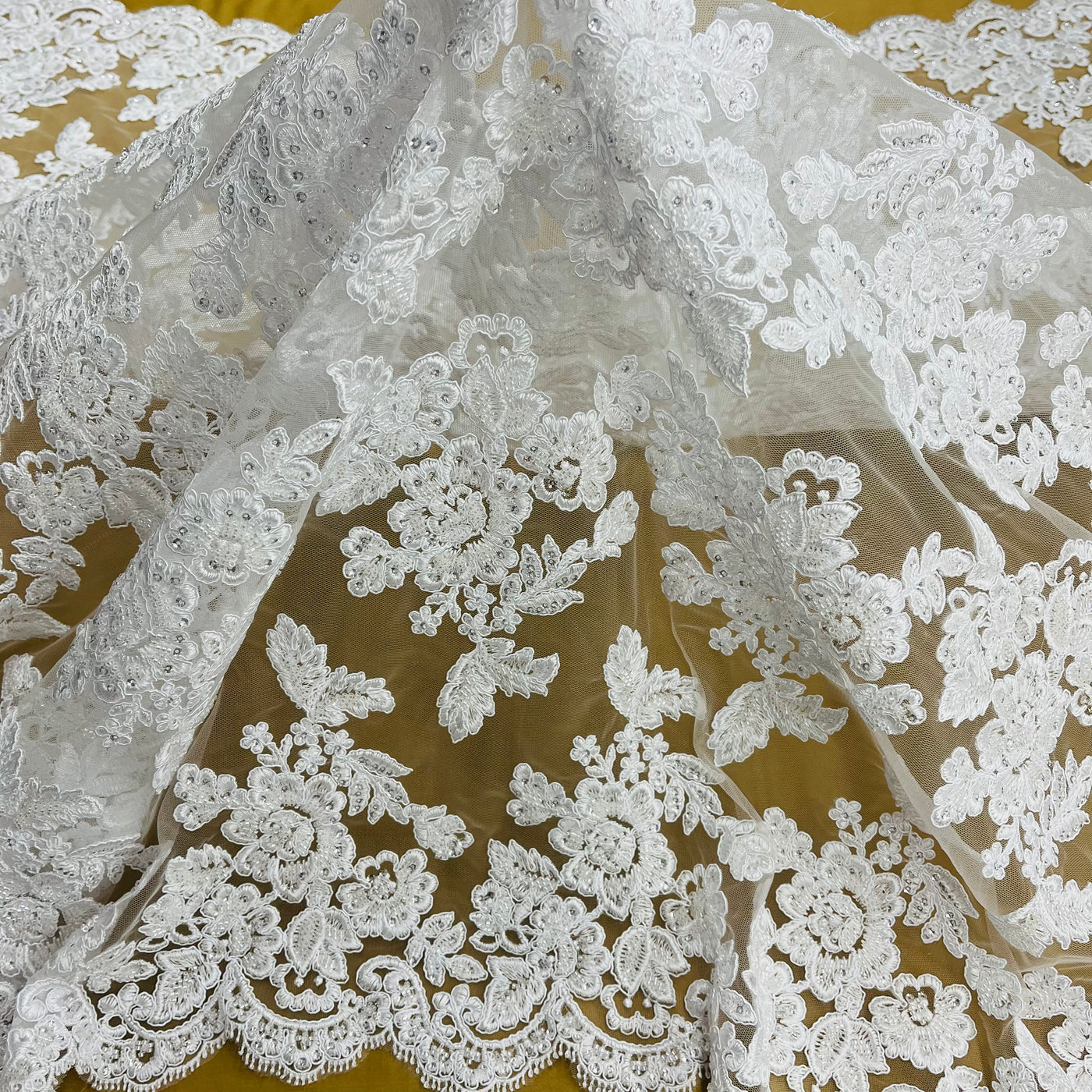 Embroidered & Corded Gold Net Mesh Fabric with Sequin & Beads. Sold by the yard Lace Usa