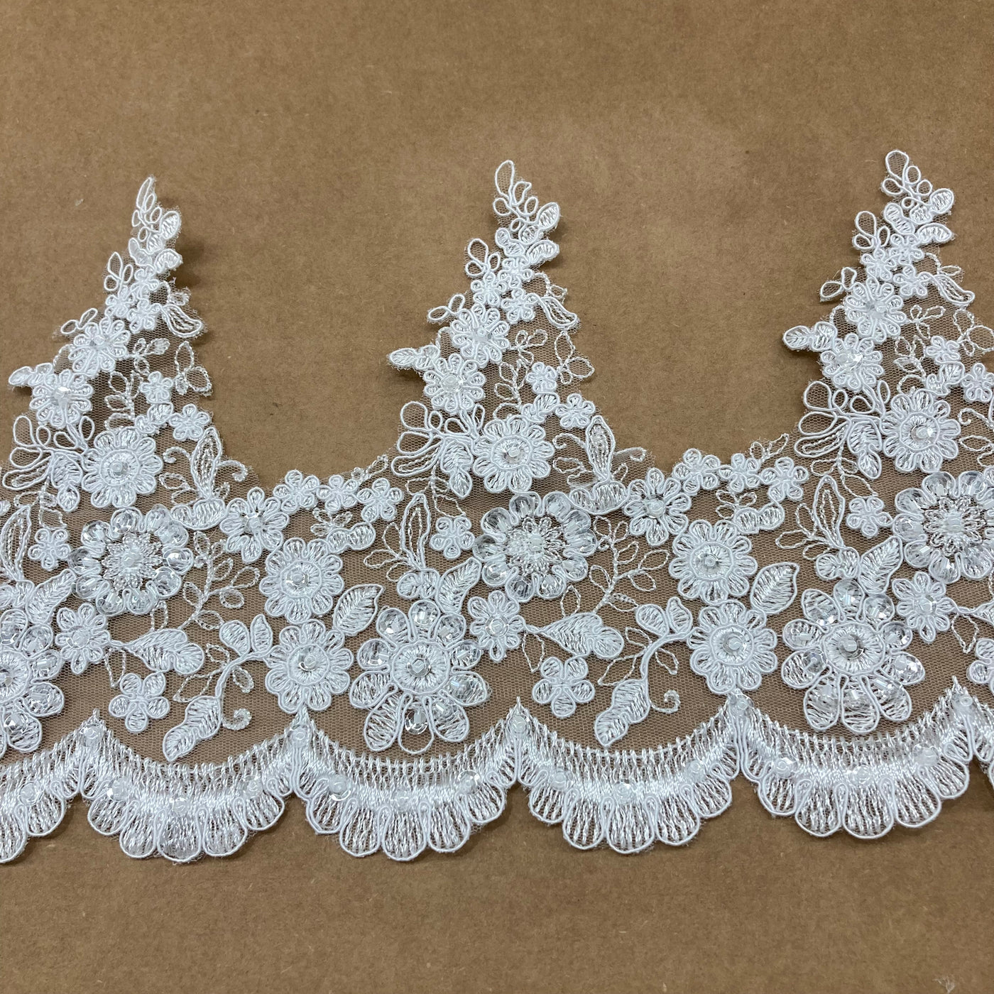 Corded & Beaded White Trimming Lace, Embroidered on 100% Polyester Net Mesh. Lace Usa