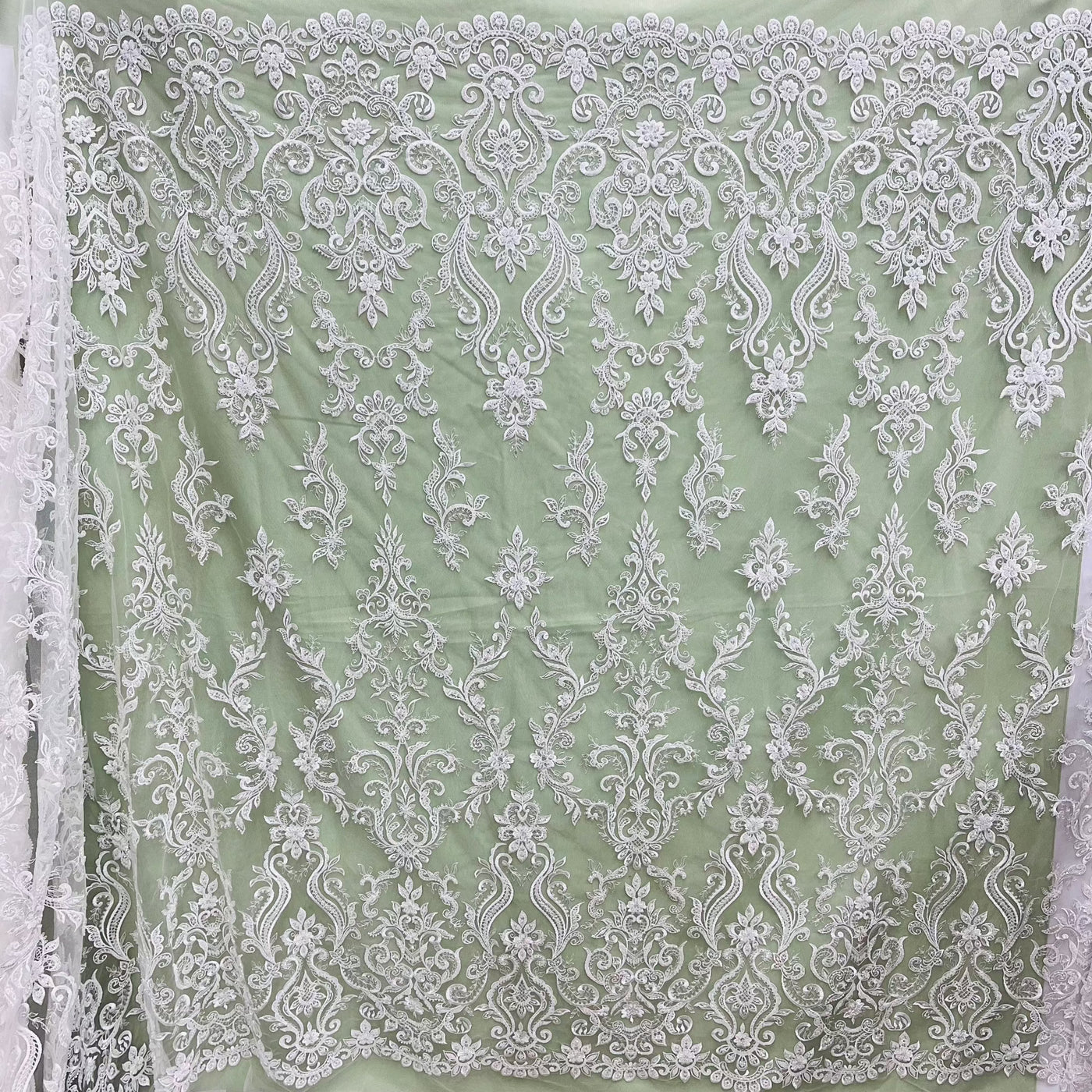 Beaded & Sequined Lace Fabric Embroidered on 100% Polyester Net Mesh | Lace USA - GD-12156 Ivory