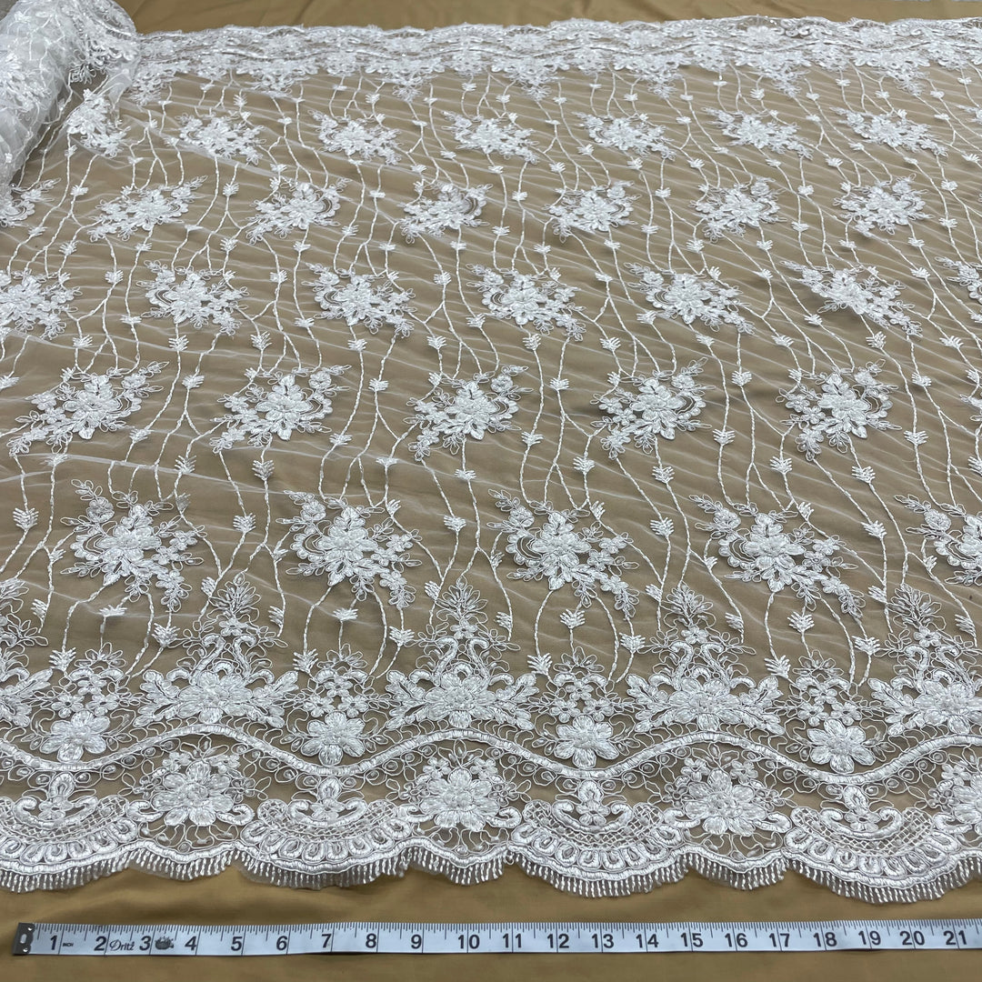 Beaded & Corded Bridal Lace Fabric Embroidered on 100% Polyester Net Mesh | Lace USA
