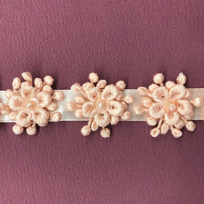 3D Beaded Flower motif on Ribbon Trim Peach Lace Usa