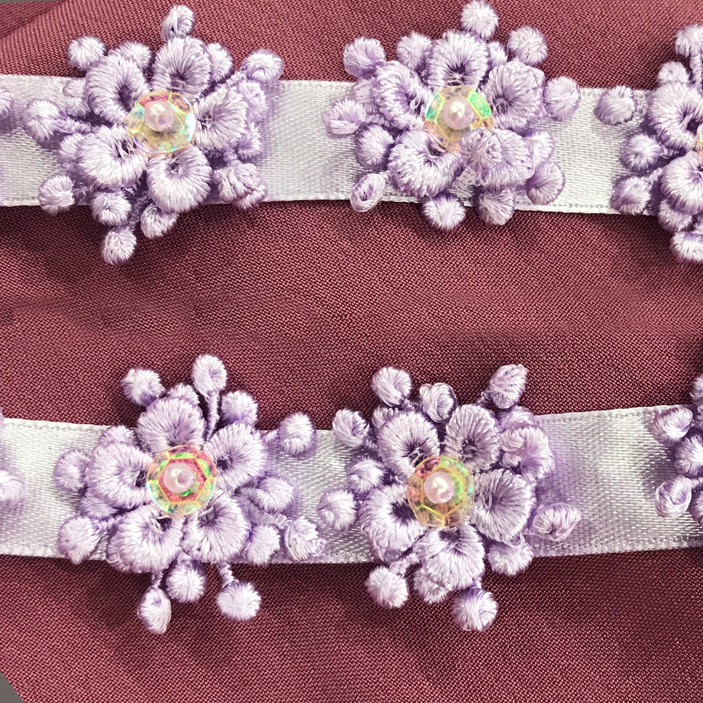 3D Beaded Flower motif on Ribbon Trim Lilac Lace Usa