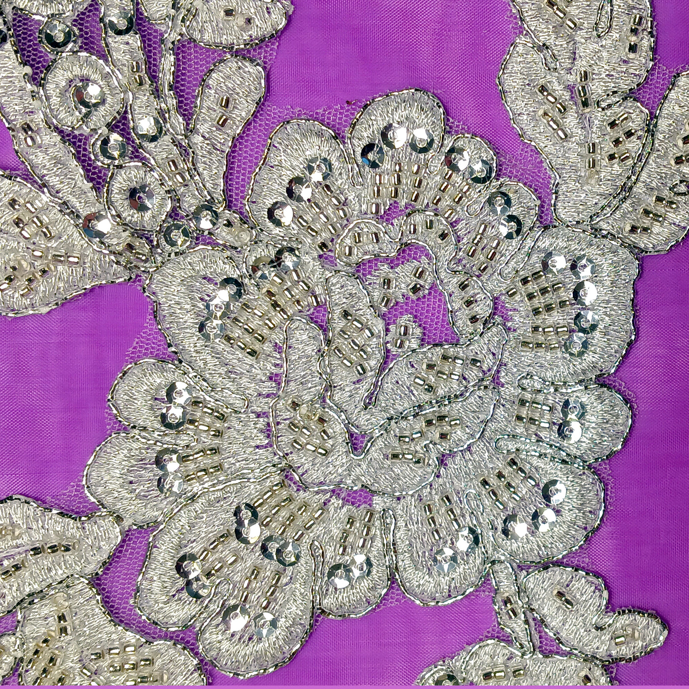 Beaded & Corded Floral Appliqué Lace Embroidered on 100% Polyester Organza or Net Mesh. This can be applied to Theatrical dance ballroom costumes, bridal dresses, bridal headbands endless possibilities.  Sold By Pair  Lace Usa