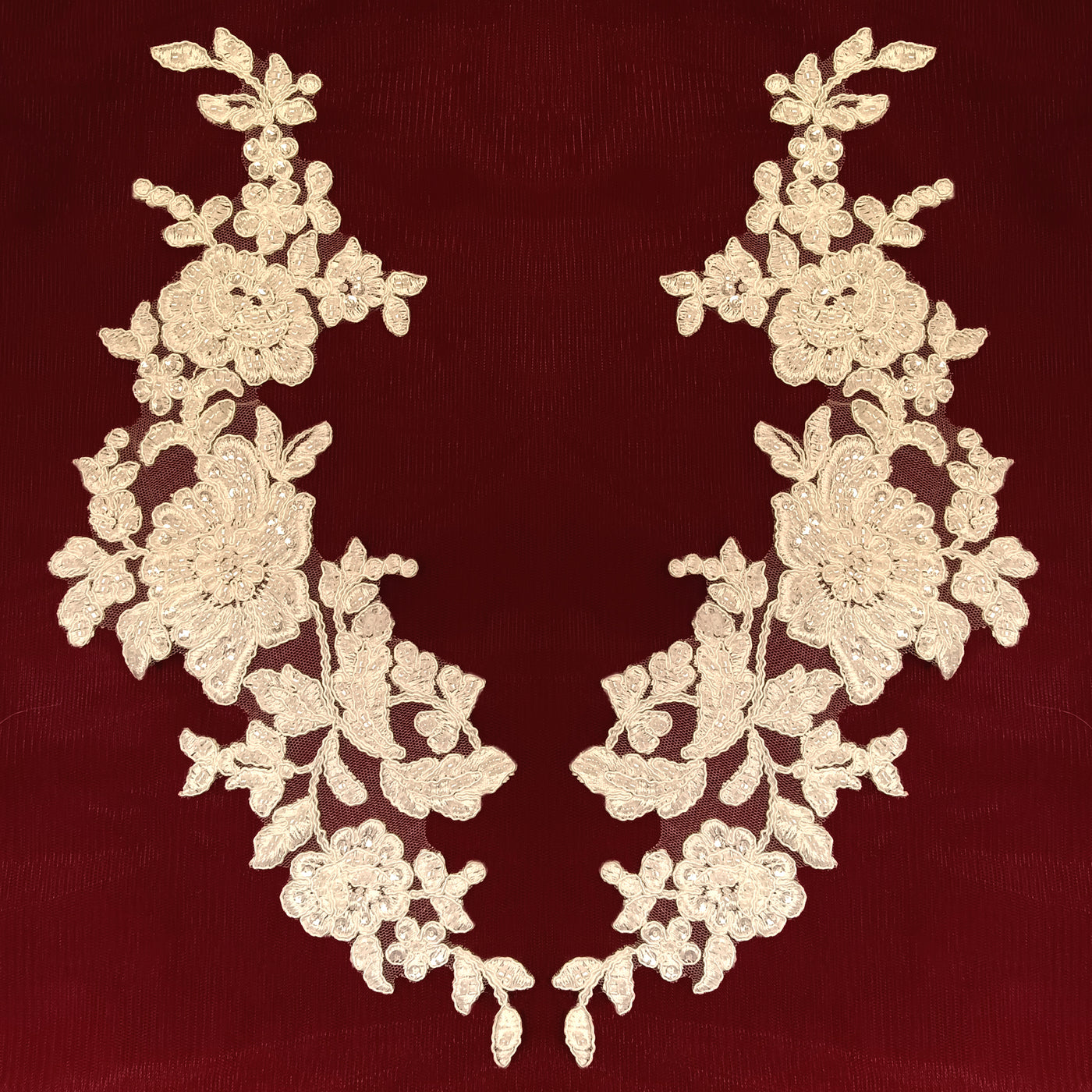 Beaded & Corded White Floral Appliqué Lace Embroidered on 100% Polyester Organza or Net Mesh. This can be applied to Theatrical dance ballroom costumes, bridal dresses, bridal headbands endless possibilities.  Sold By Pair.  Lace Usa